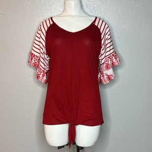 Eshavee Red Tie Front Top W/ White & Red Patterned Sleeves. Size Small